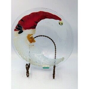 Peggy Karr St. Nick Plate Fused Art Santa Glass Crescent Moon Dish Christmas 11"